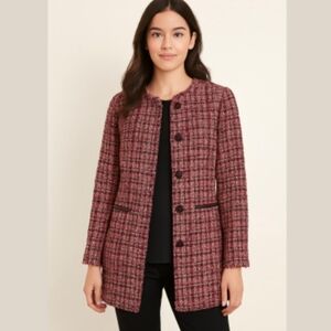 Talbots Petite Tweed Blazer 2P Pink Black Leather Trim Pocket Classic NEW W/TAG